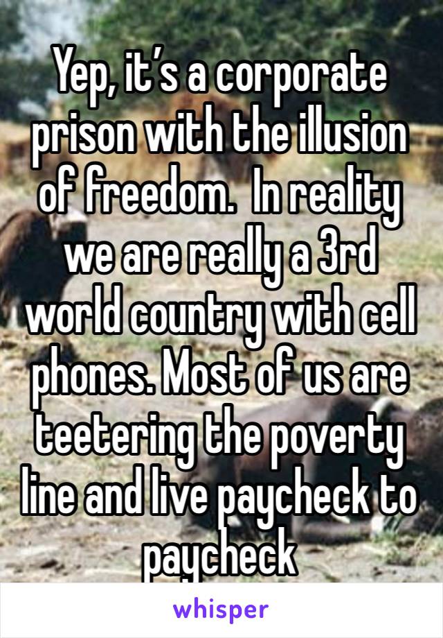 Yep, it’s a corporate prison with the illusion of freedom.  In reality we are really a 3rd world country with cell phones. Most of us are teetering the poverty line and live paycheck to paycheck 