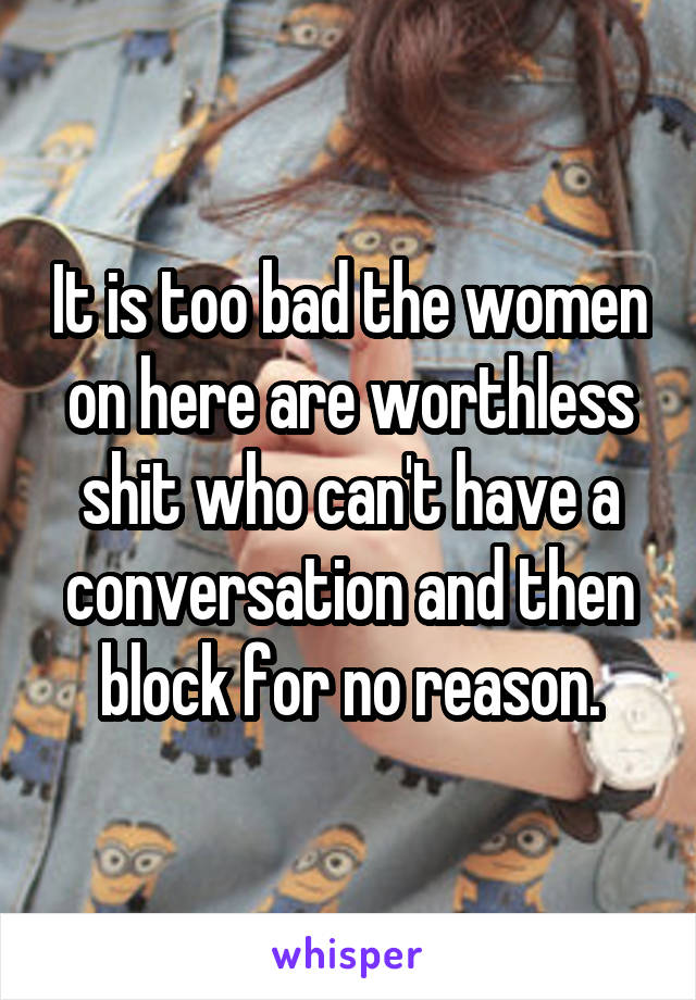 It is too bad the women on here are worthless shit who can't have a conversation and then block for no reason.