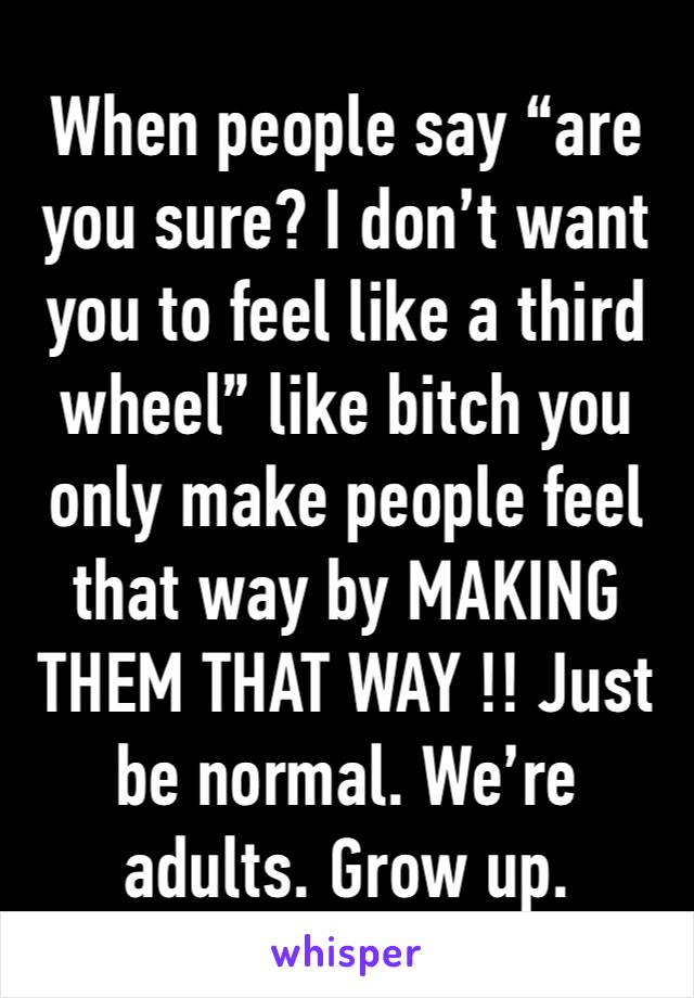 When people say “are you sure? I don’t want you to feel like a third wheel” like bitch you only make people feel that way by MAKING THEM THAT WAY !! Just be normal. We’re adults. Grow up. 