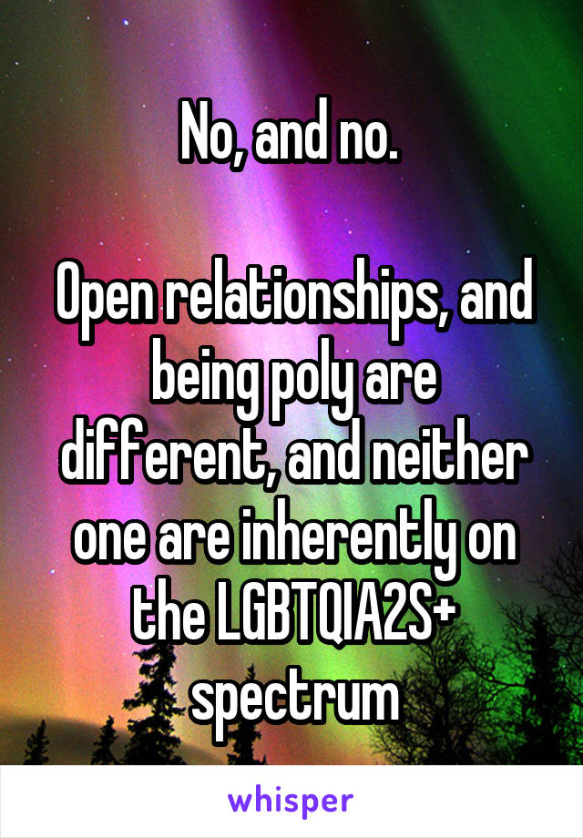 No, and no. 

Open relationships, and being poly are different, and neither one are inherently on the LGBTQIA2S+ spectrum