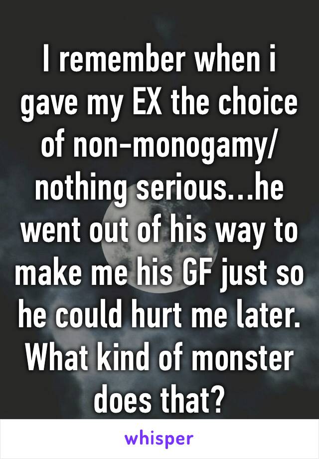 I remember when i gave my EX the choice of non-monogamy/nothing serious…he went out of his way to make me his GF just so he could hurt me later. What kind of monster does that? 