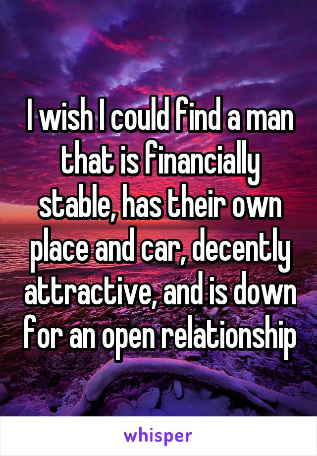 I wish I could find a man that is financially stable, has their own place and car, decently attractive, and is down for an open relationship