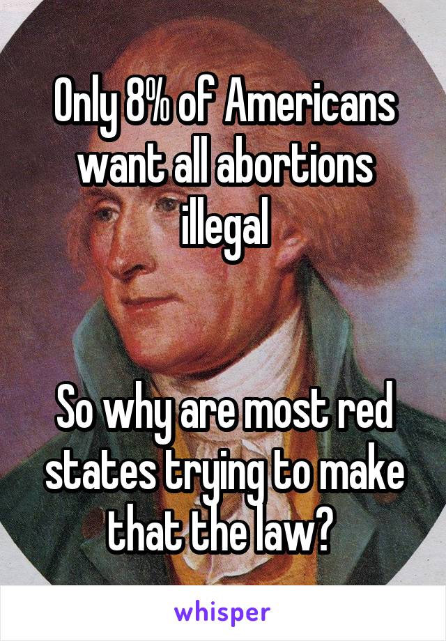 Only 8% of Americans want all abortions illegal


So why are most red states trying to make that the law? 