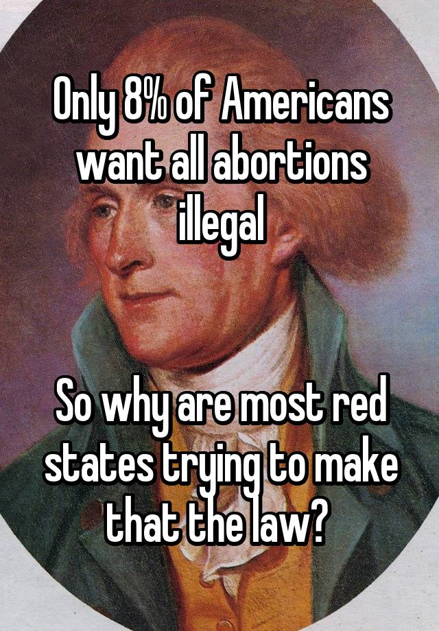 Only 8% of Americans want all abortions illegal


So why are most red states trying to make that the law? 