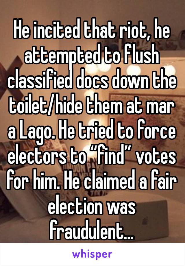 He incited that riot, he attempted to flush classified docs down the toilet/hide them at mar a Lago. He tried to force electors to “find” votes for him. He claimed a fair election was fraudulent…