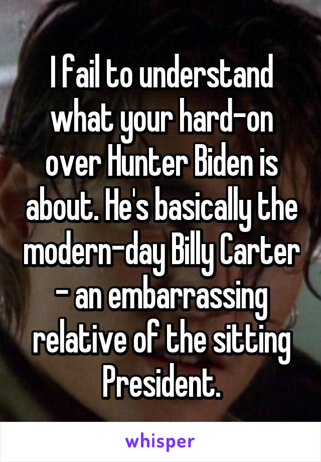 I fail to understand what your hard-on over Hunter Biden is about. He's basically the modern-day Billy Carter - an embarrassing relative of the sitting President.