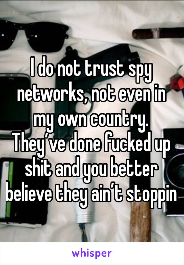 I do not trust spy networks, not even in my own country. They’ve done fucked up shit and you better believe they ain’t stoppin