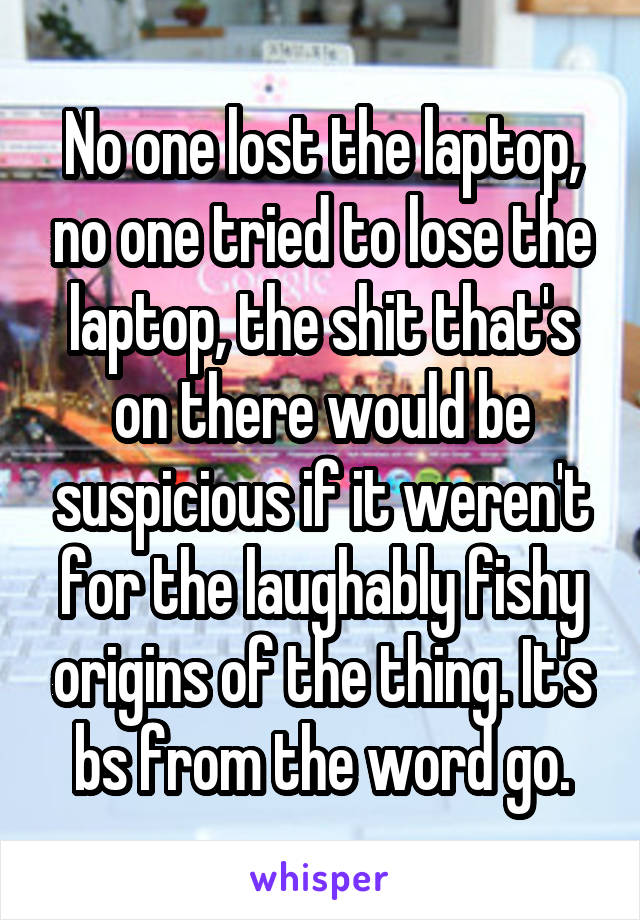 No one lost the laptop, no one tried to lose the laptop, the shit that's on there would be suspicious if it weren't for the laughably fishy origins of the thing. It's bs from the word go.