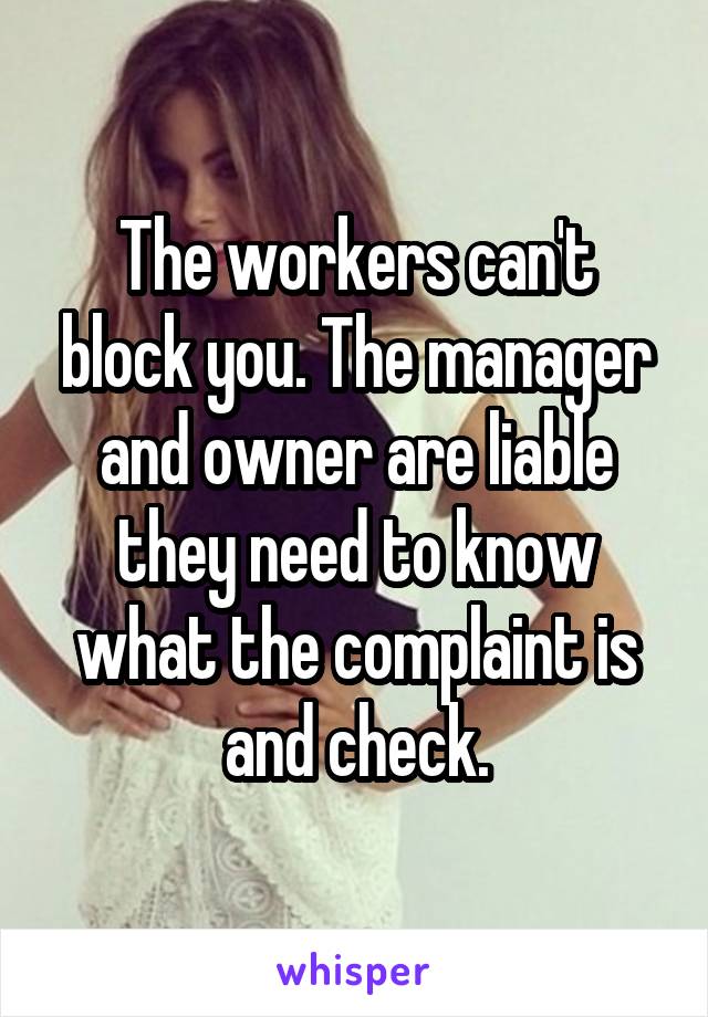 The workers can't block you. The manager and owner are liable they need to know what the complaint is and check.