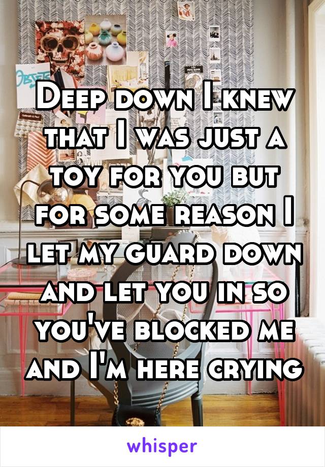 Deep down I knew that I was just a toy for you but for some reason I let my guard down and let you in so you've blocked me and I'm here crying