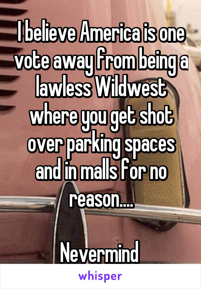 I believe America is one vote away from being a lawless Wildwest where you get shot over parking spaces and in malls for no reason....

Nevermind 