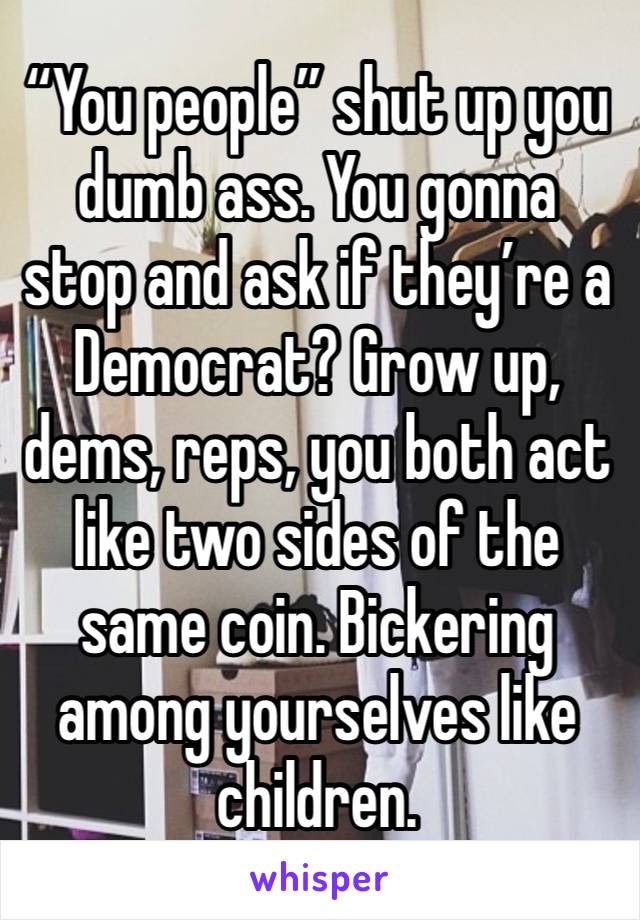 “You people” shut up you dumb ass. You gonna stop and ask if they’re a Democrat? Grow up, dems, reps, you both act like two sides of the same coin. Bickering among yourselves like children. 