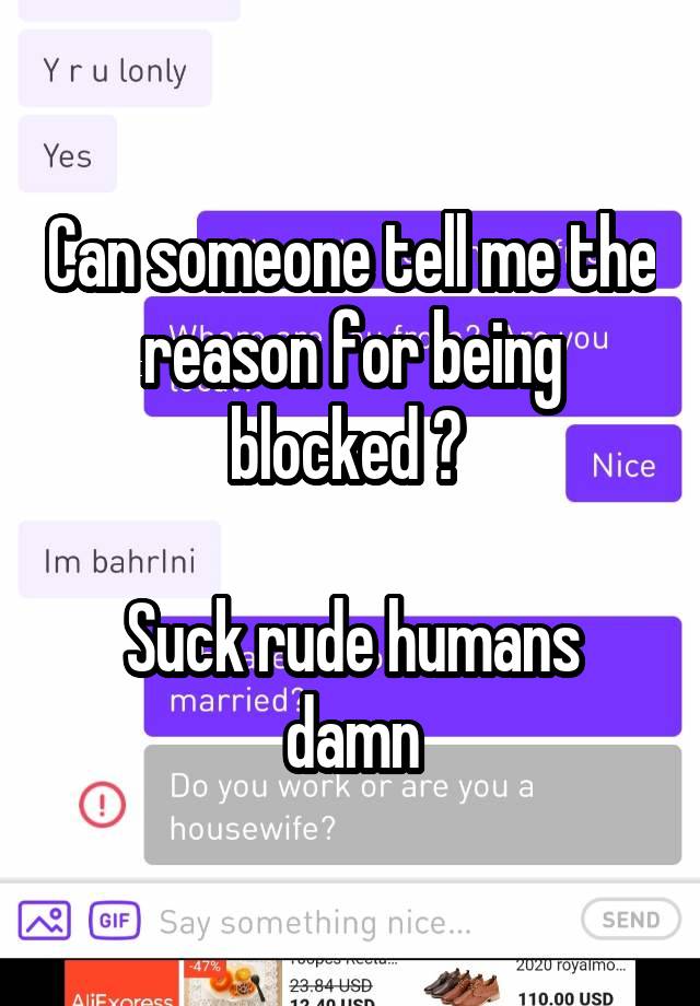 Can someone tell me the reason for being blocked ? 

Suck rude humans damn