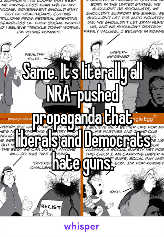 Same. It's literally all NRA-pushed propaganda that liberals and Democrats hate guns.