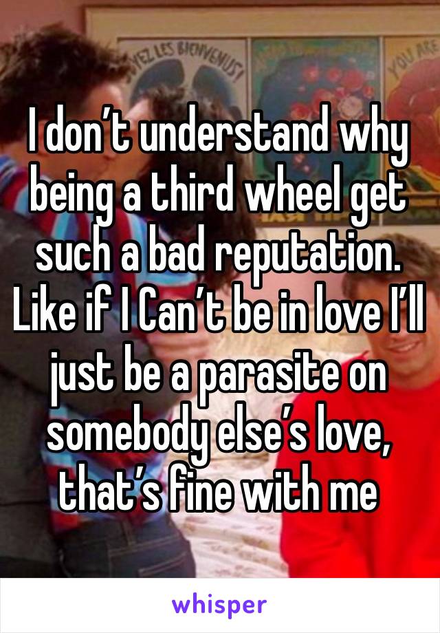 I don’t understand why being a third wheel get such a bad reputation. Like if I Can’t be in love I’ll just be a parasite on somebody else’s love, that’s fine with me