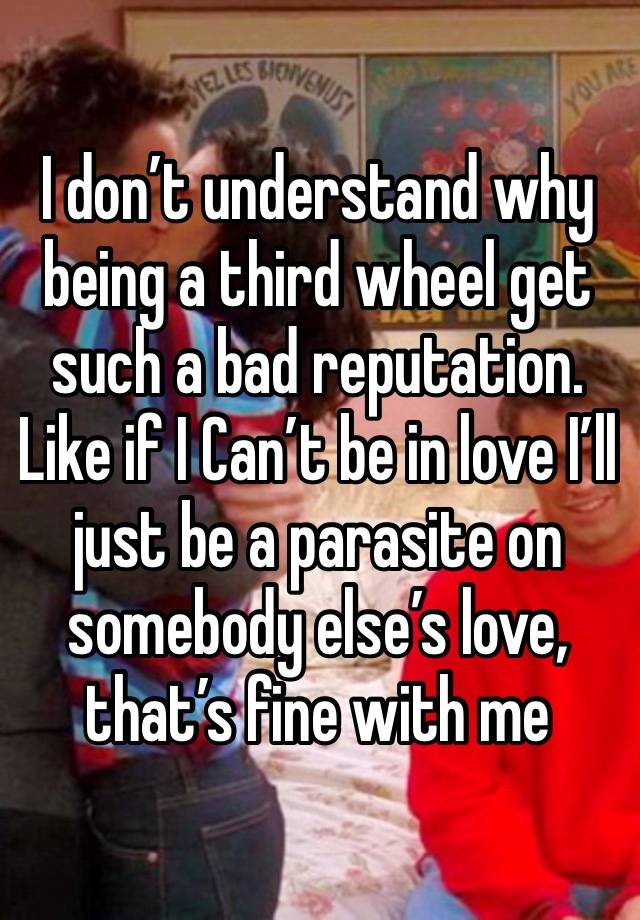 I don’t understand why being a third wheel get such a bad reputation. Like if I Can’t be in love I’ll just be a parasite on somebody else’s love, that’s fine with me