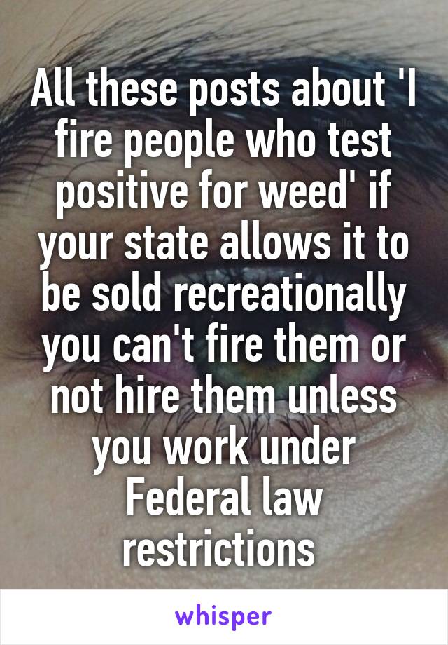 All these posts about 'I fire people who test positive for weed' if your state allows it to be sold recreationally you can't fire them or not hire them unless you work under Federal law restrictions 