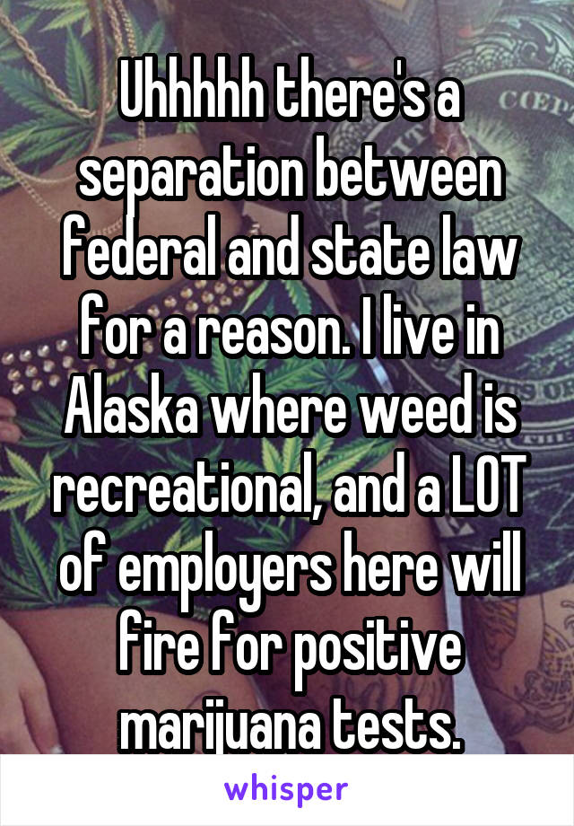 Uhhhhh there's a separation between federal and state law for a reason. I live in Alaska where weed is recreational, and a LOT of employers here will fire for positive marijuana tests.