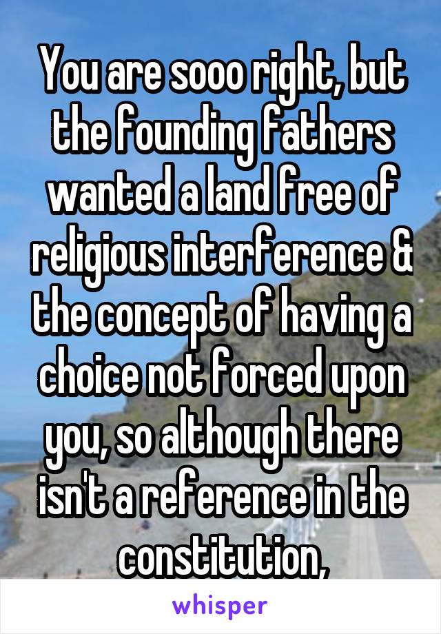 You are sooo right, but the founding fathers wanted a land free of religious interference & the concept of having a choice not forced upon you, so although there isn't a reference in the constitution,