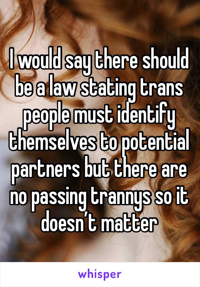 I would say there should be a law stating trans people must identify themselves to potential partners but there are no passing trannys so it doesn’t matter 