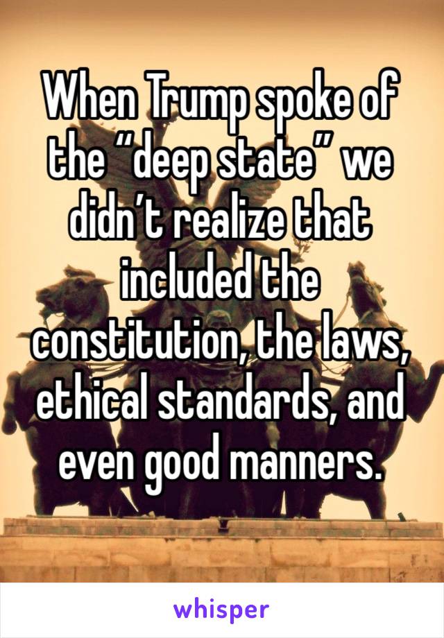 When Trump spoke of the “deep state” we didn’t realize that included the constitution, the laws, ethical standards, and even good manners.