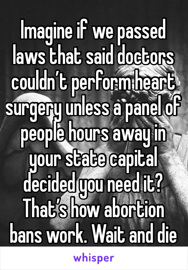 Imagine if we passed laws that said doctors couldn’t perform heart surgery unless a panel of people hours away in your state capital decided you need it? That’s how abortion bans work. Wait and die