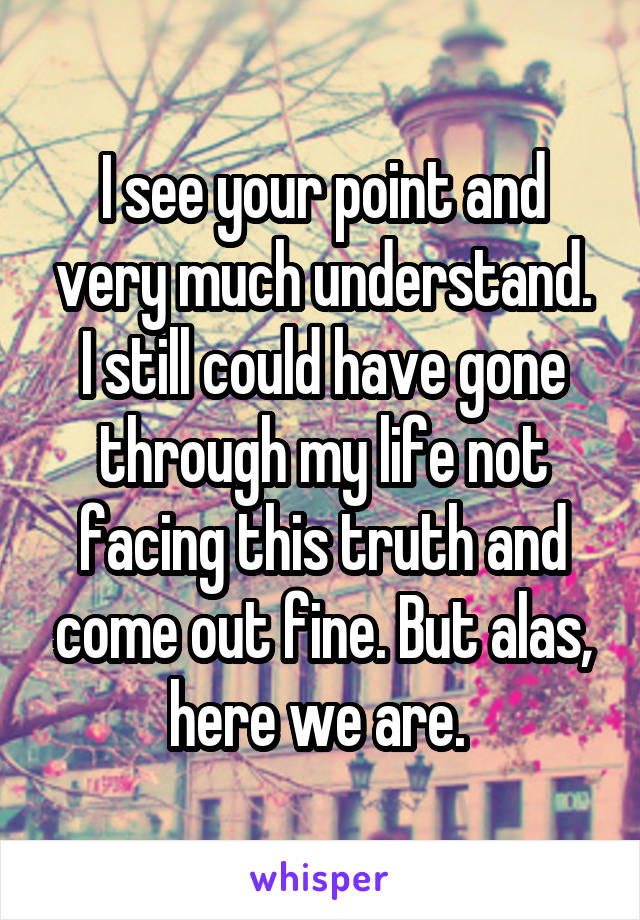 I see your point and very much understand. I still could have gone through my life not facing this truth and come out fine. But alas, here we are. 