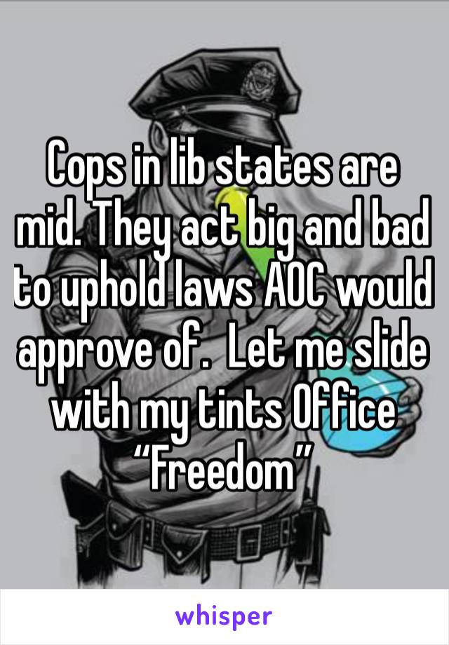 Cops in lib states are mid. They act big and bad to uphold laws AOC would approve of.  Let me slide with my tints Office “Freedom”