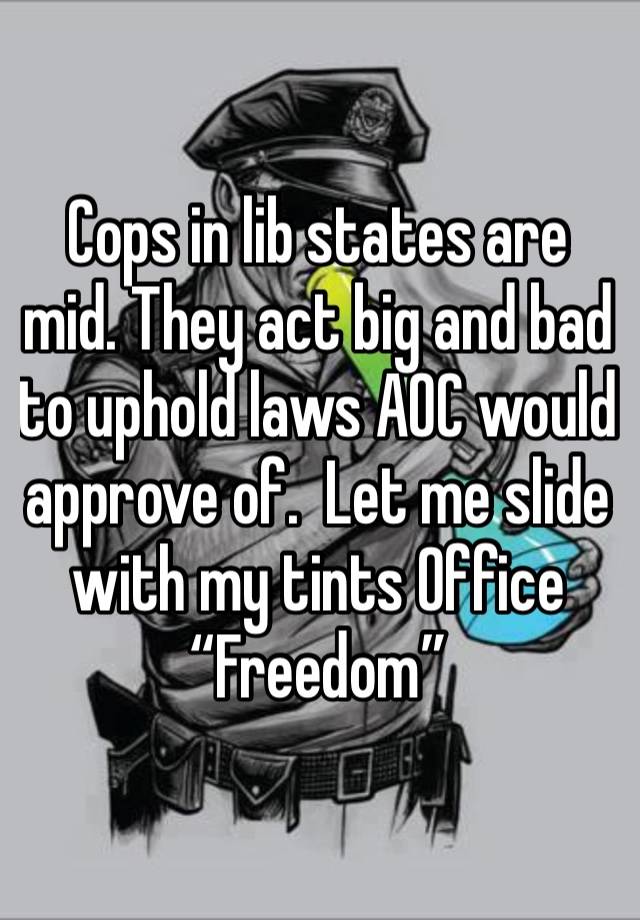 Cops in lib states are mid. They act big and bad to uphold laws AOC would approve of.  Let me slide with my tints Office “Freedom”