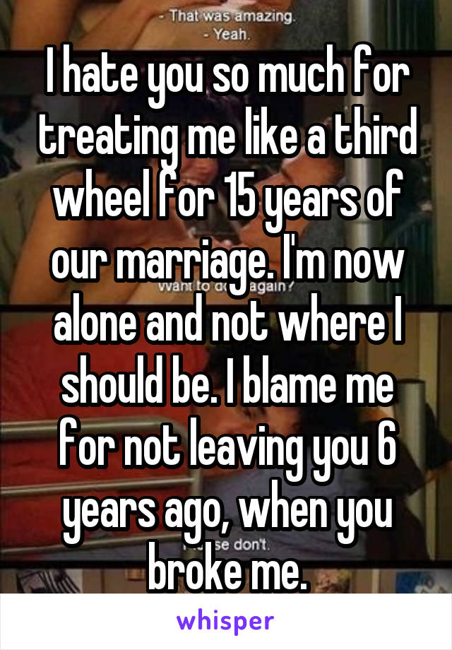 I hate you so much for treating me like a third wheel for 15 years of our marriage. I'm now alone and not where I should be. I blame me for not leaving you 6 years ago, when you broke me.