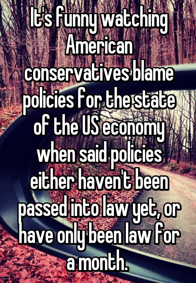 It's funny watching American conservatives blame policies for the state of the US economy when said policies either haven't been passed into law yet, or have only been law for a month. 