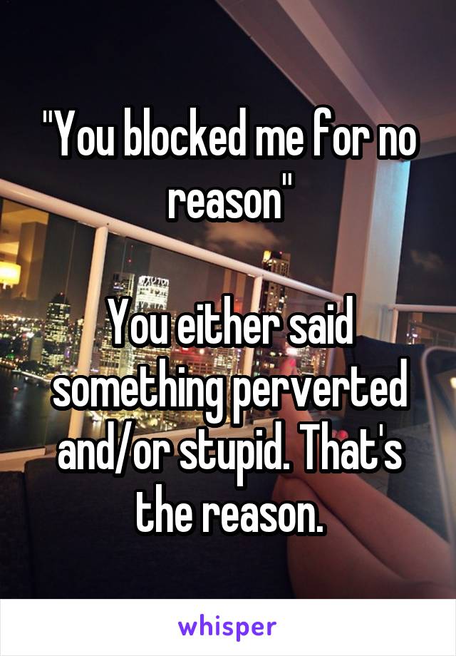 "You blocked me for no reason"

You either said something perverted and/or stupid. That's the reason.