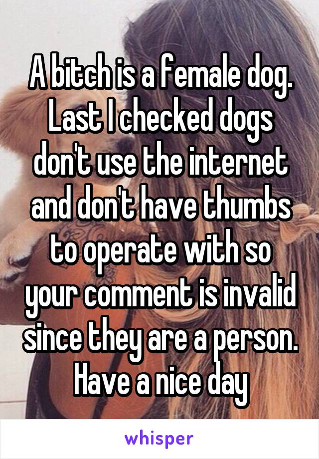 A bitch is a female dog. Last I checked dogs don't use the internet and don't have thumbs to operate with so your comment is invalid since they are a person. Have a nice day