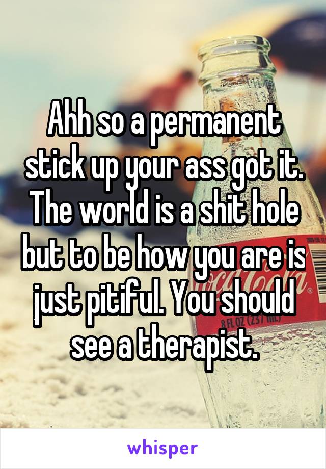 Ahh so a permanent stick up your ass got it. The world is a shit hole but to be how you are is just pitiful. You should see a therapist.