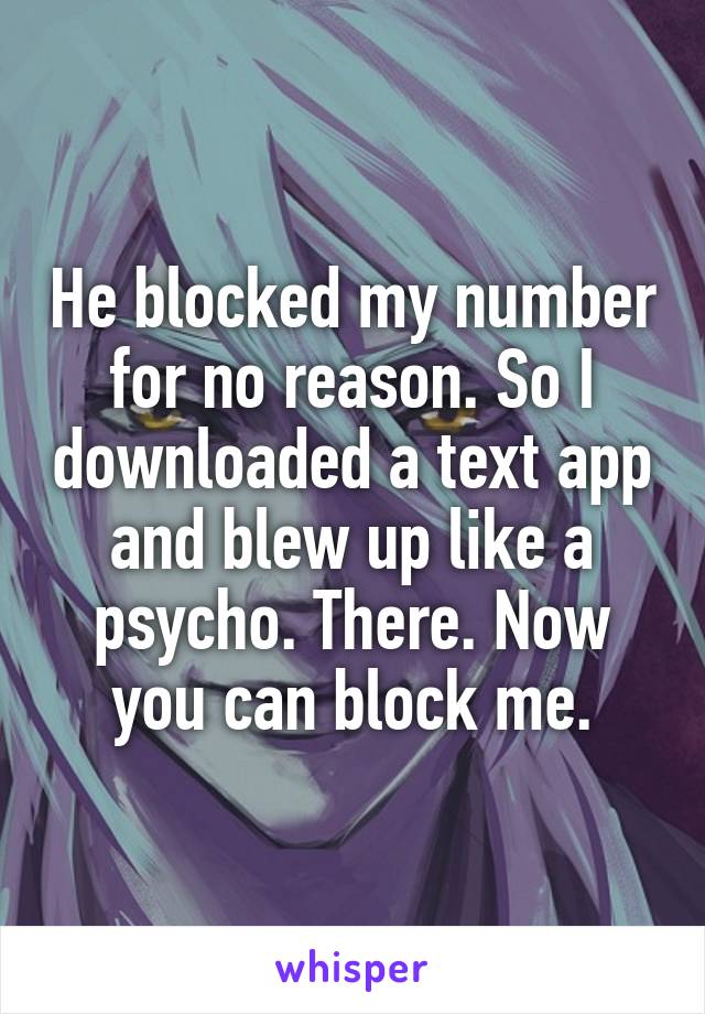  He blocked my number for no reason. So I downloaded a text app and blew up like a psycho. There. Now you can block me.