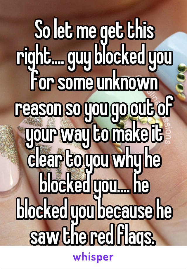 So let me get this right.... guy blocked you for some unknown reason so you go out of your way to make it clear to you why he blocked you.... he blocked you because he saw the red flags. 