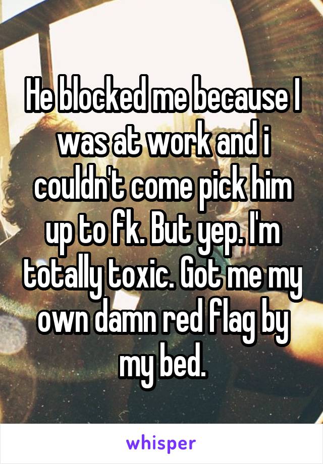 He blocked me because I was at work and i couldn't come pick him up to fk. But yep. I'm totally toxic. Got me my own damn red flag by my bed.