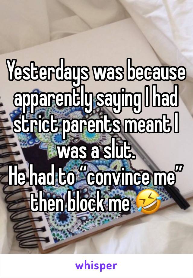 Yesterdays was because apparently saying I had strict parents meant I was a slut.
He had to “convince me” then block me 🤣