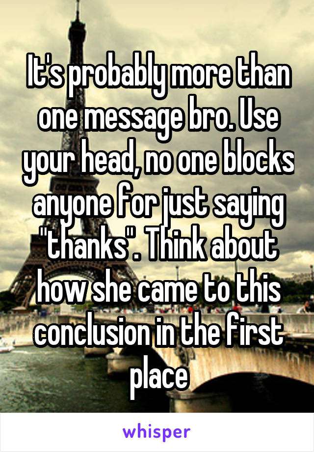 It's probably more than one message bro. Use your head, no one blocks anyone for just saying "thanks". Think about how she came to this conclusion in the first place