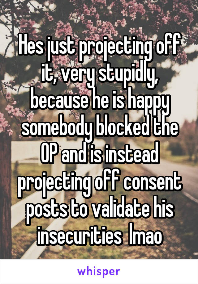  Hes just projecting off it, very stupidly, because he is happy somebody blocked the OP and is instead projecting off consent posts to validate his insecurities  lmao