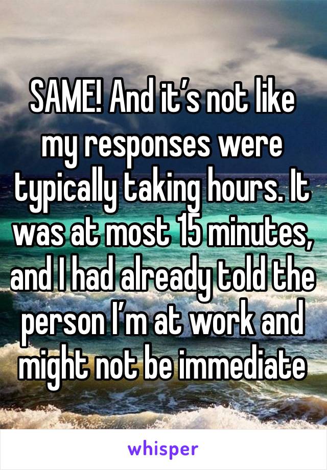 SAME! And it’s not like my responses were typically taking hours. It was at most 15 minutes, and I had already told the person I’m at work and might not be immediate 