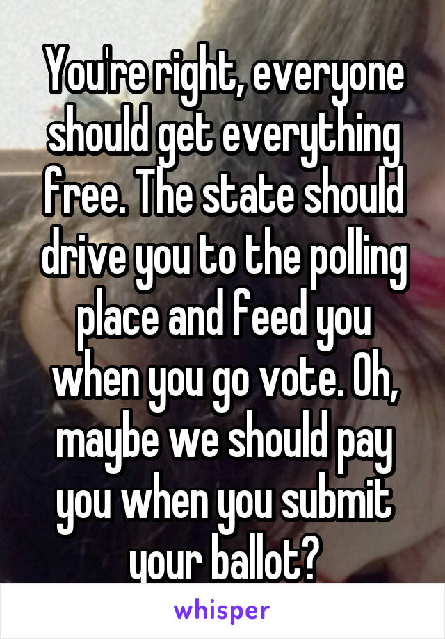 You're right, everyone should get everything free. The state should drive you to the polling place and feed you when you go vote. Oh, maybe we should pay you when you submit your ballot?