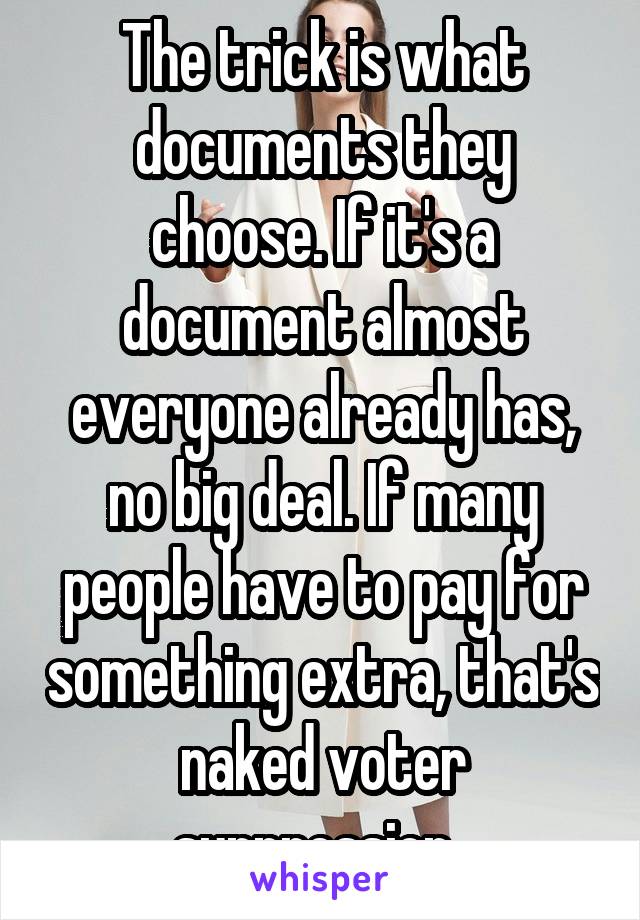 The trick is what documents they choose. If it's a document almost everyone already has, no big deal. If many people have to pay for something extra, that's naked voter suppression. 