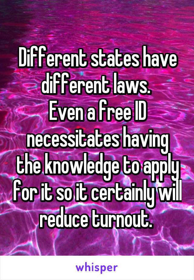 Different states have different laws. 
Even a free ID necessitates having the knowledge to apply for it so it certainly will reduce turnout. 