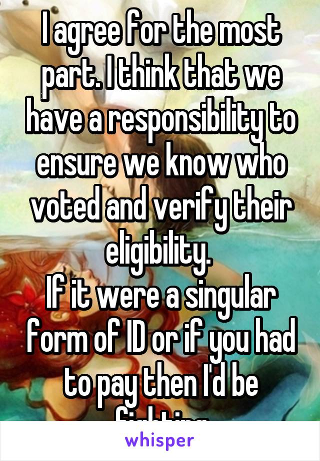 I agree for the most part. I think that we have a responsibility to ensure we know who voted and verify their eligibility. 
If it were a singular form of ID or if you had to pay then I'd be fighting