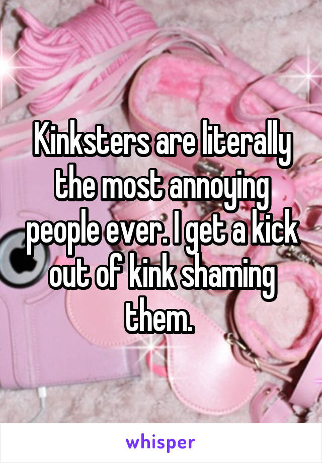 Kinksters are literally the most annoying people ever. I get a kick out of kink shaming them. 