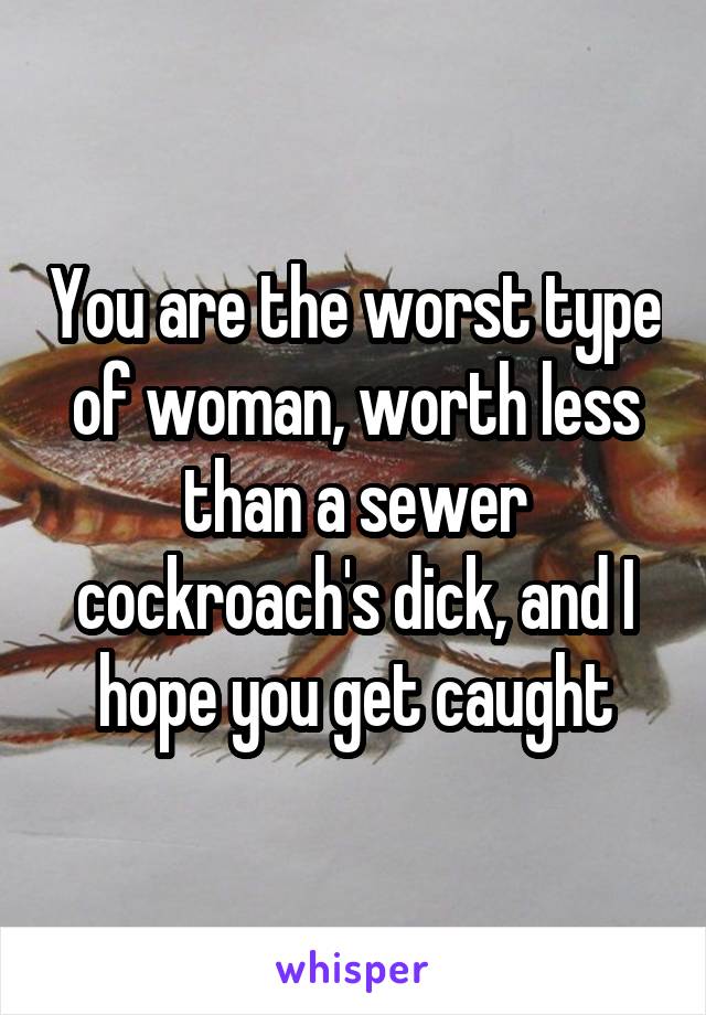 You are the worst type of woman, worth less than a sewer cockroach's dick, and I hope you get caught