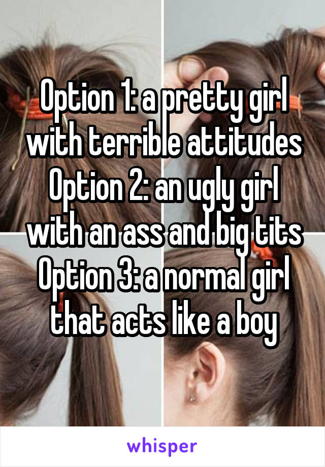 Option 1: a pretty girl with terrible attitudes
Option 2: an ugly girl with an ass and big tits
Option 3: a normal girl that acts like a boy
