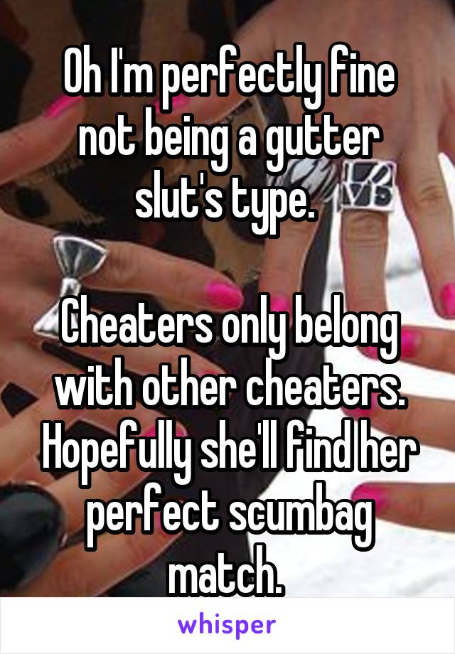 Oh I'm perfectly fine not being a gutter slut's type. 

Cheaters only belong with other cheaters. Hopefully she'll find her perfect scumbag match. 