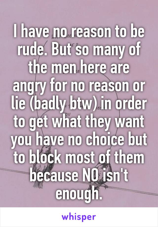 I have no reason to be rude. But so many of the men here are angry for no reason or lie (badly btw) in order to get what they want you have no choice but to block most of them because NO isn't enough.